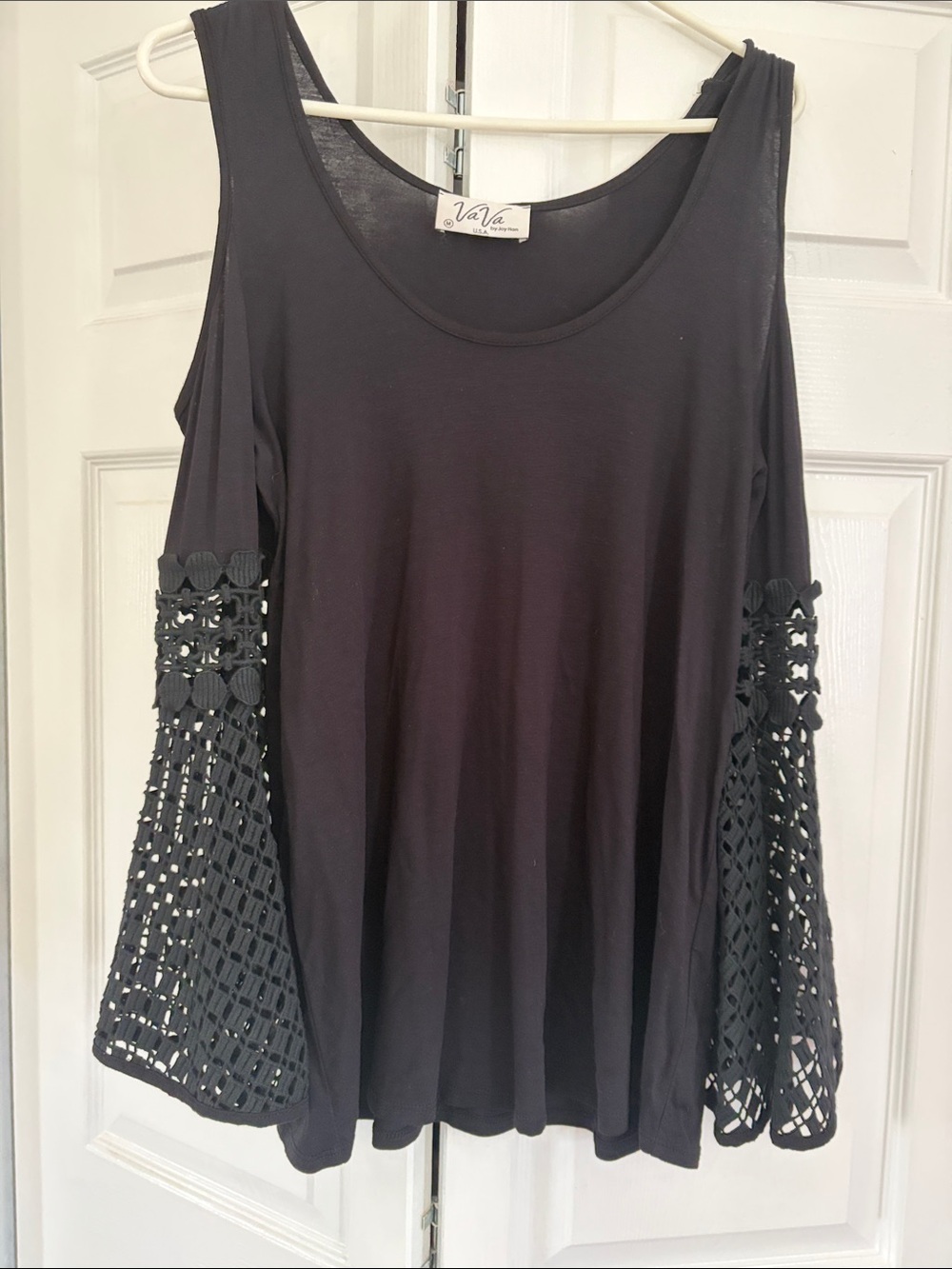 Vava by Joy Han Black Cold-Shoulder Tunic with Crochet Bell Sleeves